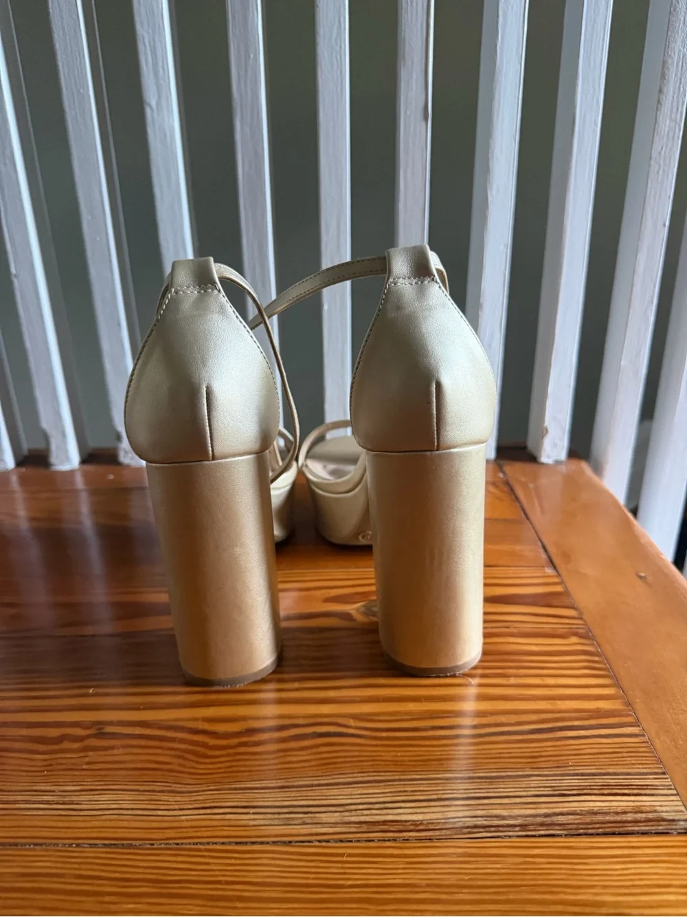 Lulus Neutral Beige & Gold Platform Block Heel Sandals with Ankle Strap - Size 9